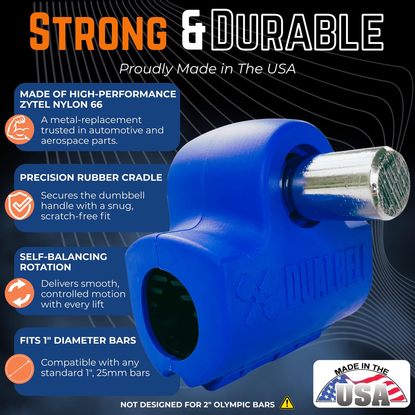 Dualbell Dumbbells to Barbell Converters- Quick Setup Dumbbell Connectors, 500lb Capacity Barbell Adapters, Secure Fit, Quick Setup, Fits 1" Bars, Home Gym Equipment, 2 Pairs w/Black Weight Collar