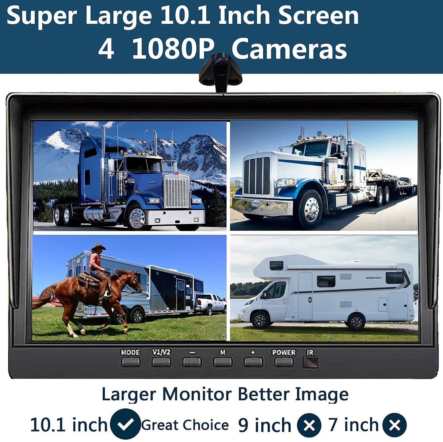6 Channel Alarm Sensor Large 10.1 inch 1080P Backup Camera Audio Monitor & Built-in 128GB DVR Dash Cam for RV Truck Trailer Rear Side Front Reversing View Wired System Waterproof Avoid Blind Spot