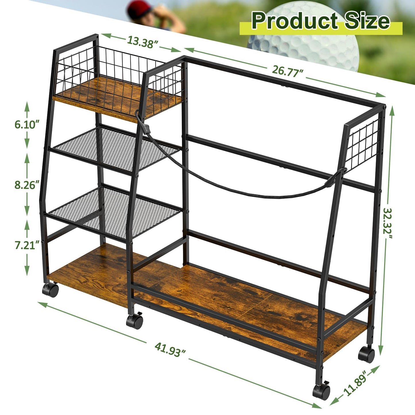 Golf Bag Storage Rack for Garage with Wheels, Organizer for 2 Golf Bag and Equipment Accessories, Golf Organizer Stand Ideal for Home, Garage, Club, Shed, Basement - Sturdy and Durable (Black)