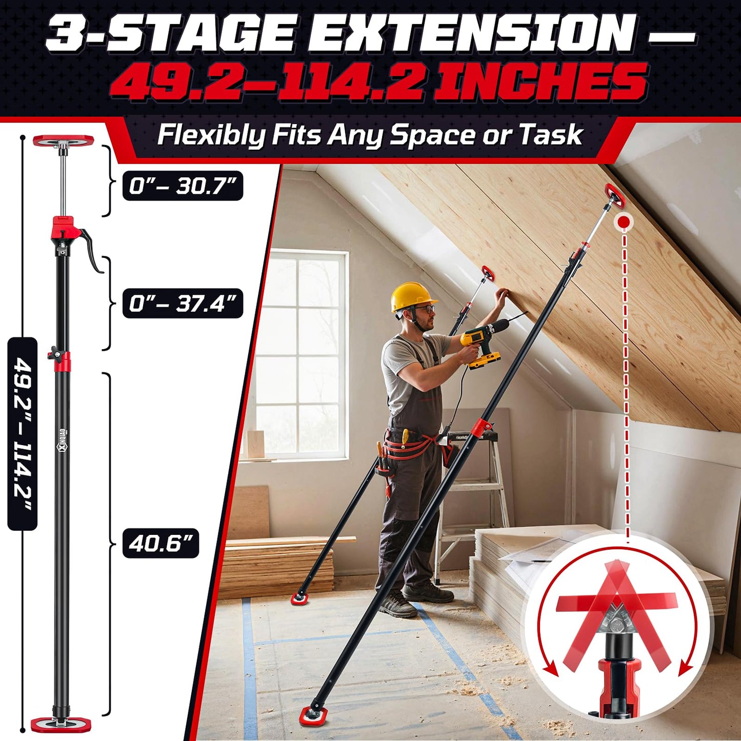 XINQIAO Cabinet Jacks for Installing Cabinets, Heavy Duty Third Hand Tools Adjustable Support Pole from 49.2 in to 114.2 in, 4 PCS