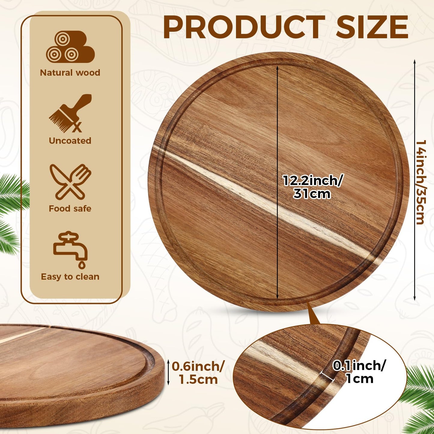 Patelai 10 Pcs Round Wood Cutting Boards Bulk 14 Inch Acacia Wooden Charcuterie Boards 0.6 Inch Thick with Juice Groove Bread Pizza Meat Fruit Cheese Vegetable Chopping Cutting Kitchen Serving Tray