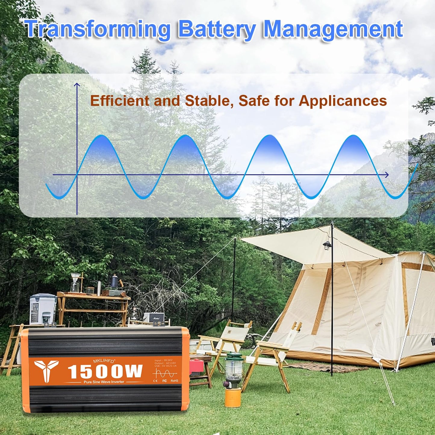 MKLIHFD 1500 Watt Pure Sine Wave Power Inverter 24V DC to 120V AC, 3000W Surge Peak Power, Inverter for RV, Truck, Solar, Campers with 2 AC Outlet, 5V 2.0A USB, Remote Control Compatible with Lithium
