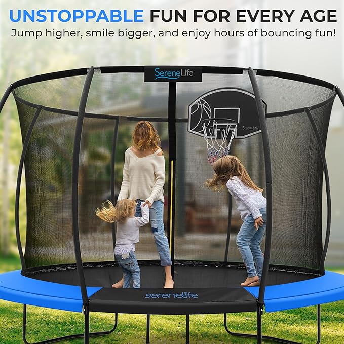 SereneLife 8FT 10FT 12FT 14FT Outdoor Trampoline for Kids and Adults – ASTM Certified Heavy-Duty Backyard Trampoline with Safety Poles, Net Enclosure, and Stable Anti-Rust Frame