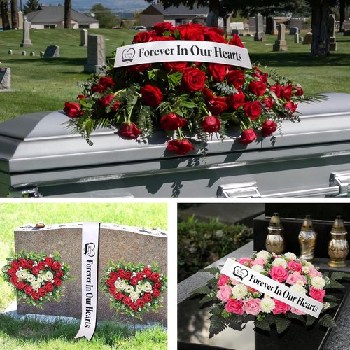 Elegant Funeral Wreath Sash - Forever in Our Hearts Memorial Ribbon for Graves & Wreaths (White)