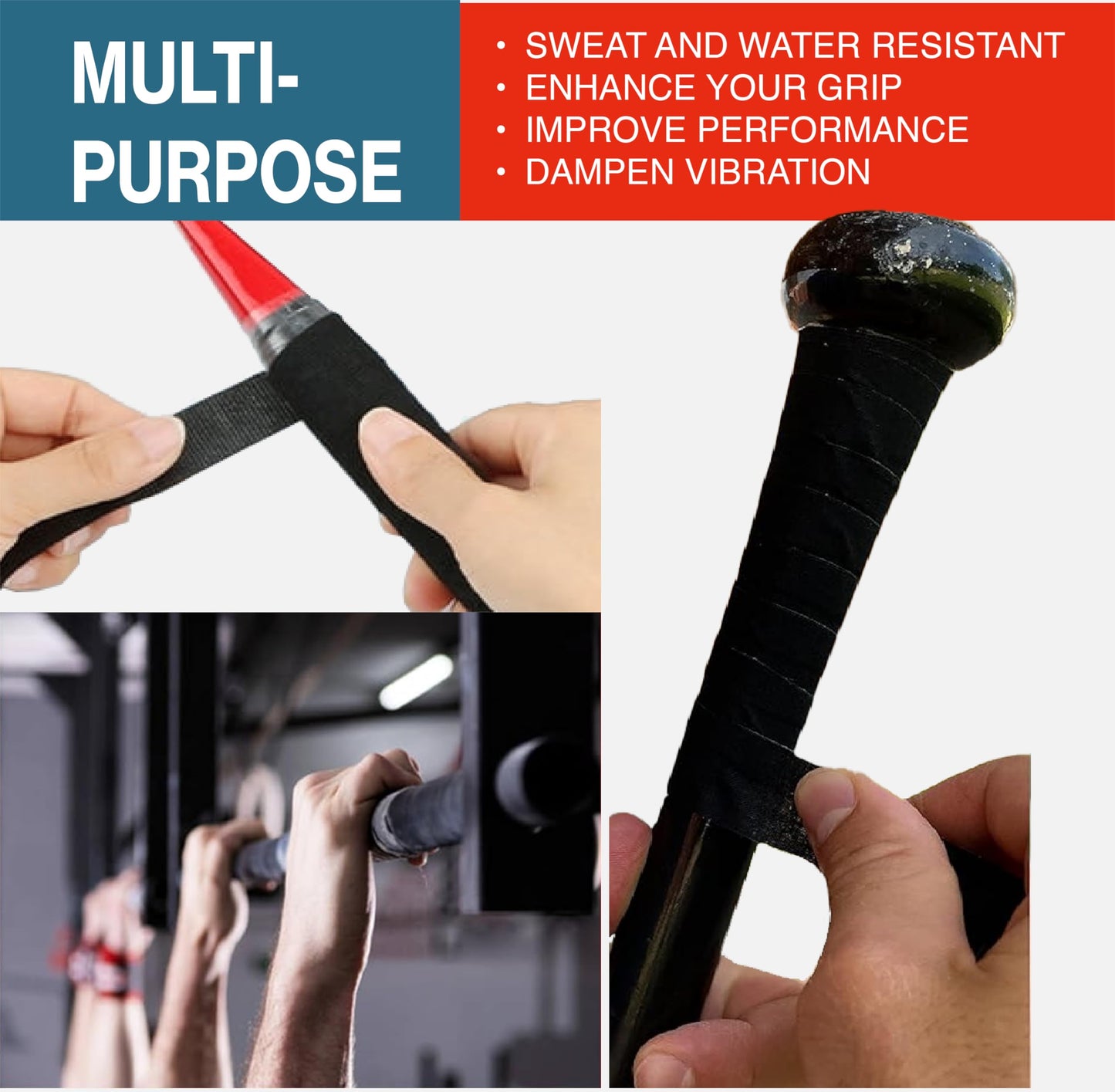Thunder Tape 2 Pk Grip Tape - Cloth Grip Tape for Pull Up Bars, Sports, Tools, Handles, Bats, Rackets, Gym Equipment, Wire Wrap - No Residue, Sweat Resistant, 1 Inch x 66 Feet Each Roll - Black