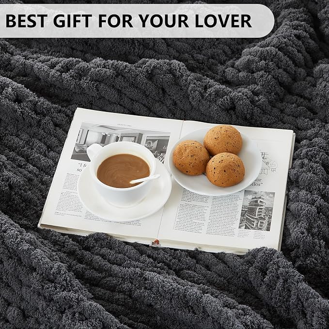 L'AGRATY Chunky Knit Blanket Throw: 80''x90'' Chenille Chunky Knitted Throw Blankets for Bed Couch - Handmade Thick Big Cable Knit Blanket - Large Crochet Blankets for Home Decor(Dark Grey)