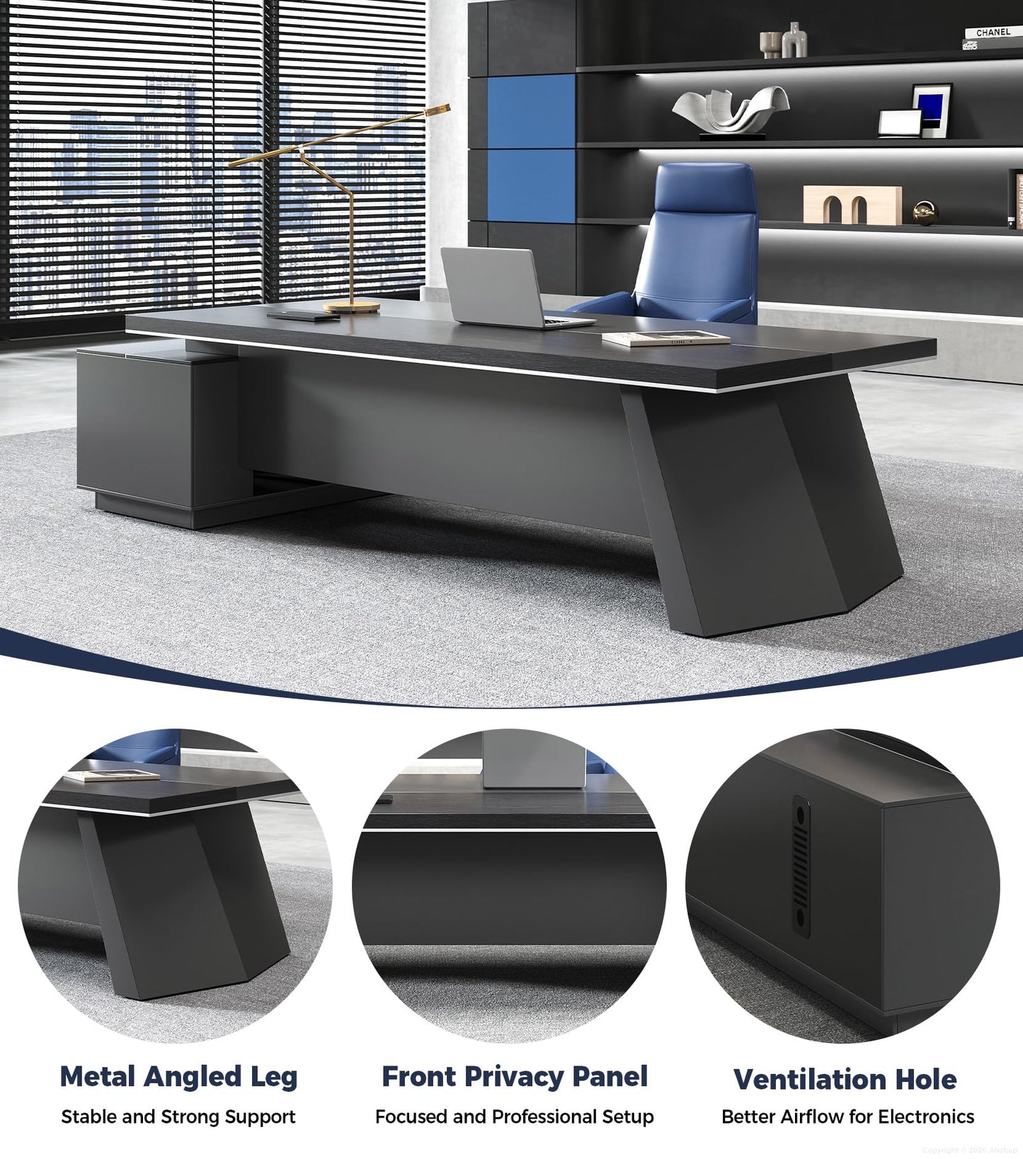 Anzhap 87" Executive Office Desk with Power Outlets & USB Ports, L-Shaped Executive Computer Desk with Drawers, Enclosed Cabinet, Ventilated CPU Compartment (Right Return, 87" L x 63" W x 30" H)