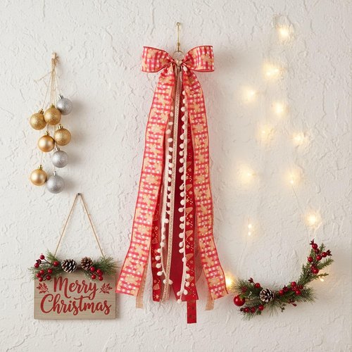 Buffalo Plaid Christmas Wreath Sash Bow - 27.5" Metal Clip with 7 Layered Ribbons for Holiday Decor