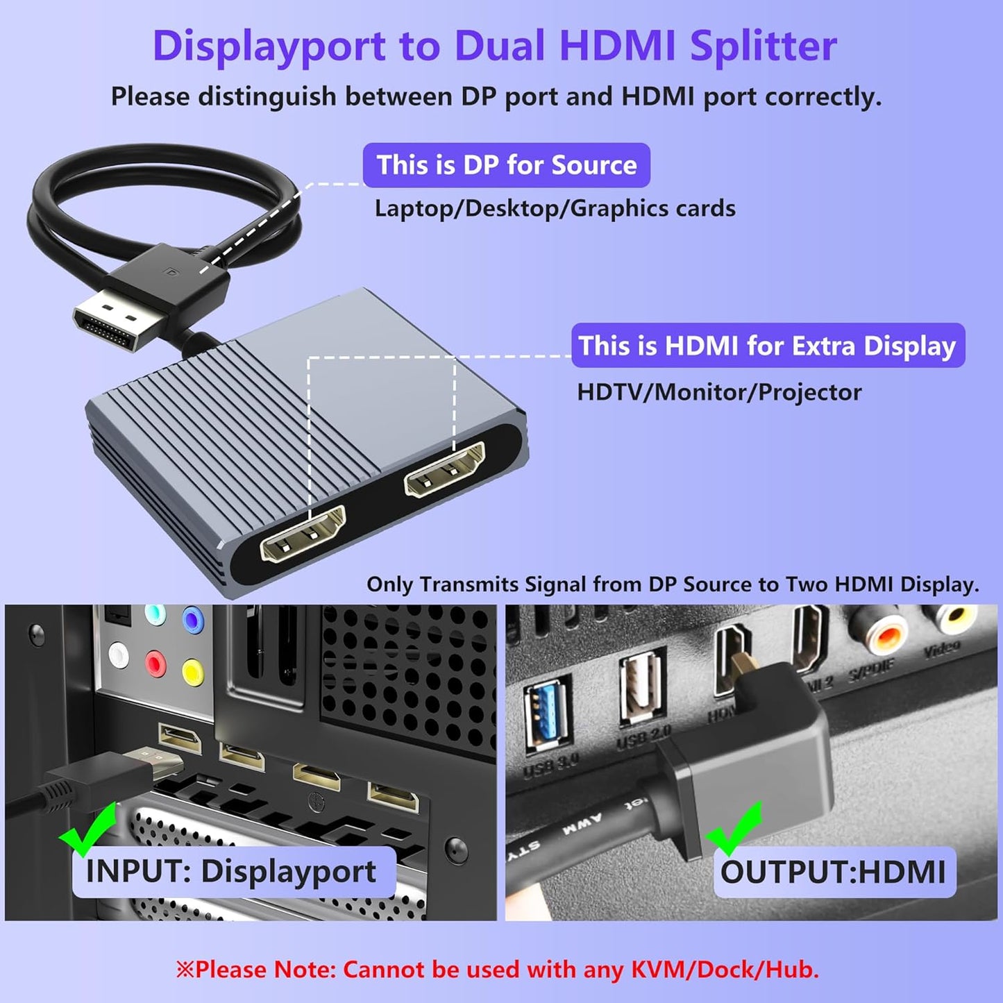 Aibilangose 4K@60Hz 2 DisplayPort to Dual HDMI Adapter, DP to HDMI Splitter Extended Display, Double hdmi Adapter