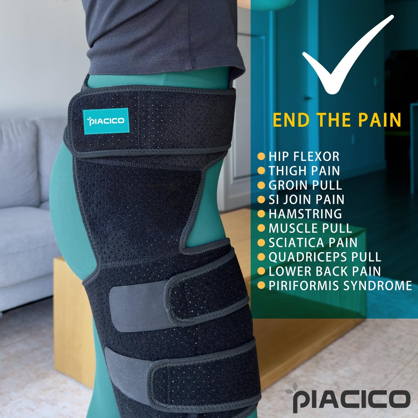 Piacico Hip Brace for Men & Women - Sciatica Pain Relief Devices, Adjustable Compression Support Wrap for Thigh Injury, Groin, Hamstring, Joints, Hip Pain, Improved Mobility & Recovery (Black Left)