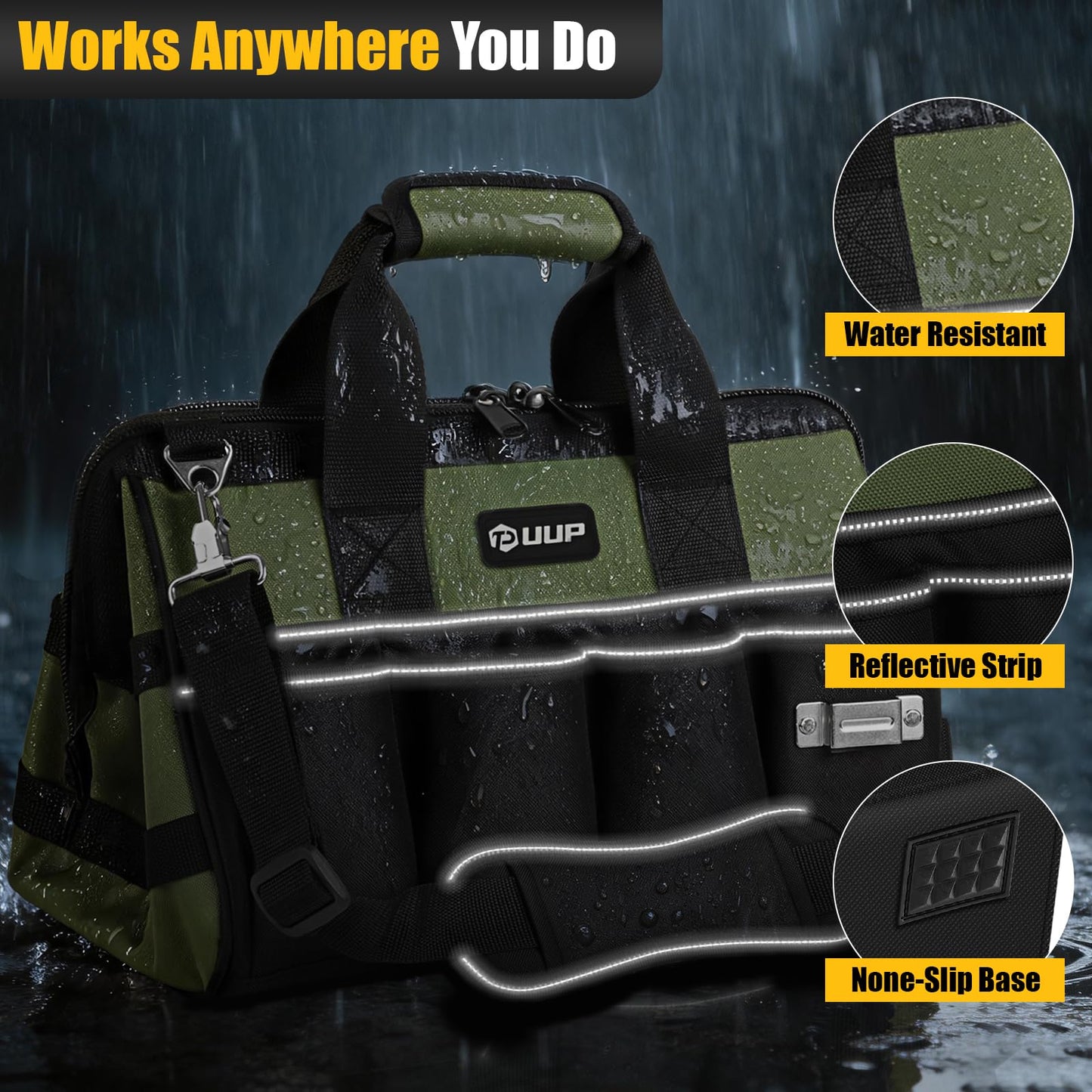 UUP Heavy Duty Tool Bag 15-Inch, 16-Pocket Portable Empty Tool Box Organizer, Big Storage Toolbox Organization, Soft Handle Large Zipper Carrying Toolbag, Father Day Gifts for Him Dad Men, Green