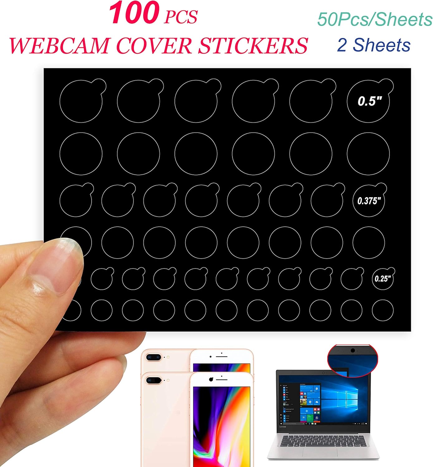 TINGYI 3 2 100 Webcam/Camera Covers Privacy Stickers for Lens Privacy Protection- Sizes Styles - Black Ultra Glossy