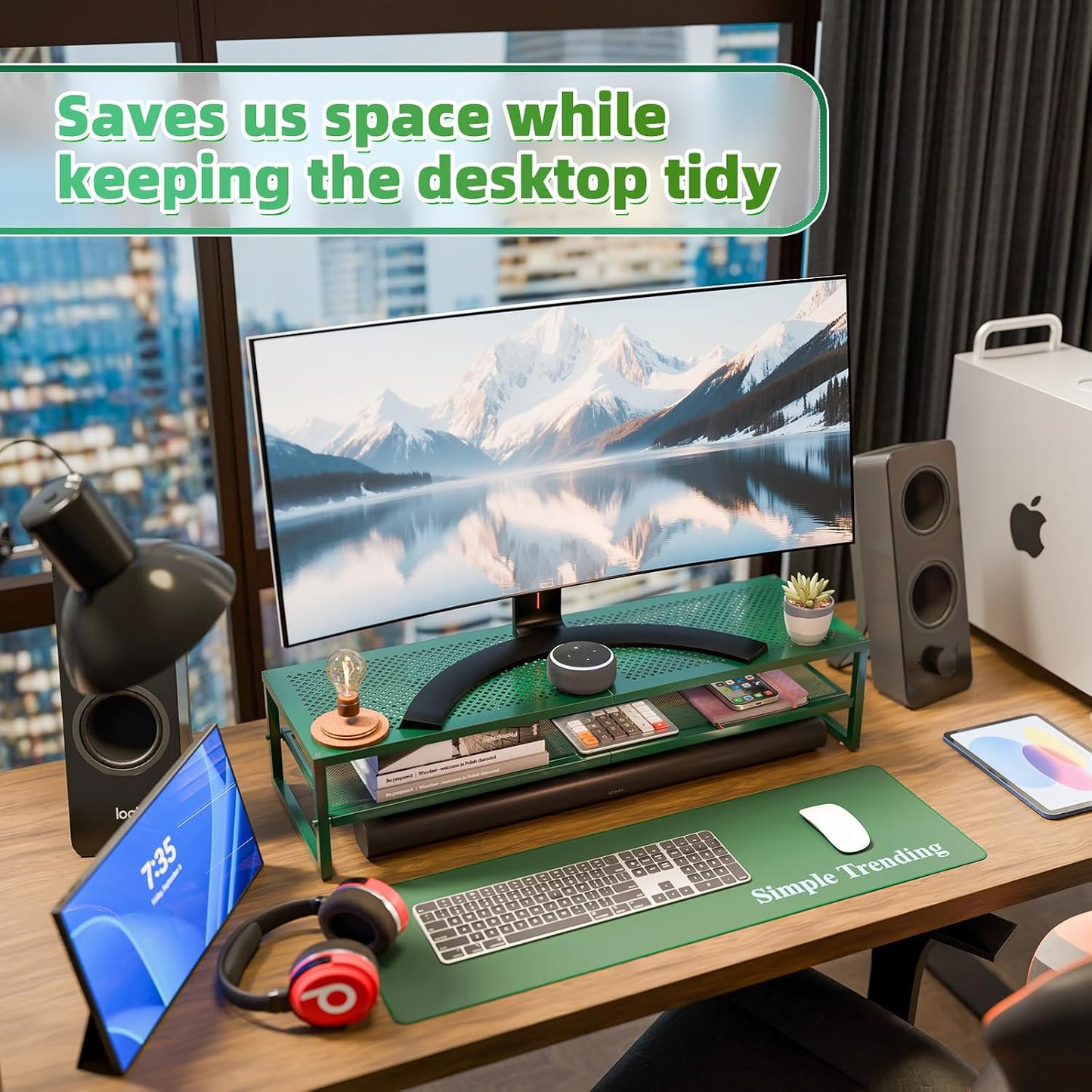 2 2 32"x10" Simple Trending Tier Metal Dual Monitor Stand Riser, Computer Office Desktop Organizer for Monitors