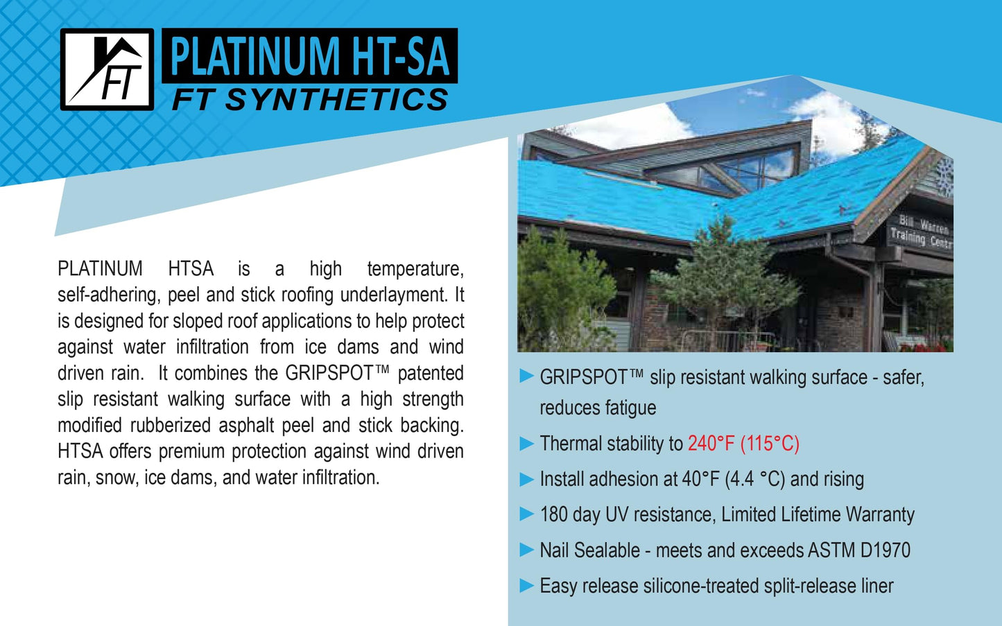 FT Synthetics Platinum HT-SA Ice & Water Roofing Underlayment, 41 mil, 36" x 67', High-Temp, Self-Adhering, Nail Sealable, UV Resistant, ASTM/CSA Certified, Lifetime Warranty