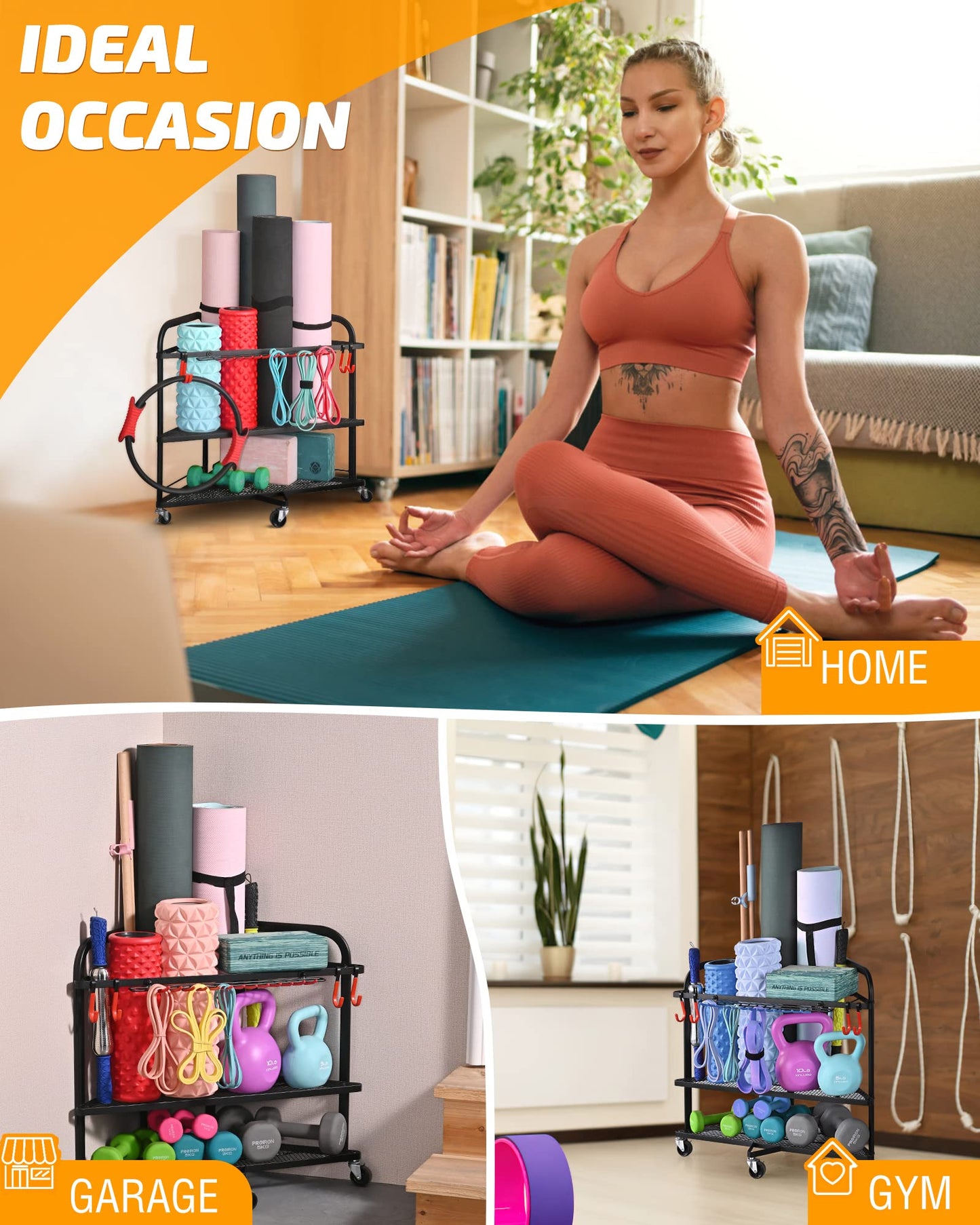 PLKOW Yoga Mat Storage Rack, Home Gym Organizer for Foam Roller, Resistance Bands, Block and Dumbbells, Rolling Workout Rack With Wheels and Hooks, Powder Coated Finish Steel