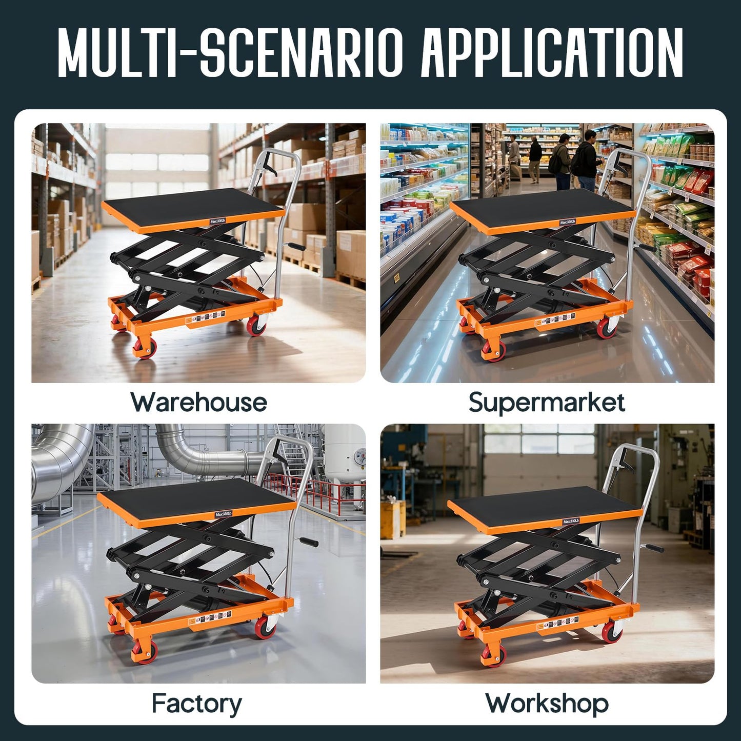 Specraft 330 lbs Hydraulic Lift Cart, Double Scissor Lift Table Up to 50", 4-Wheel Material Handling Platform with Non-Slip Pad, Orange