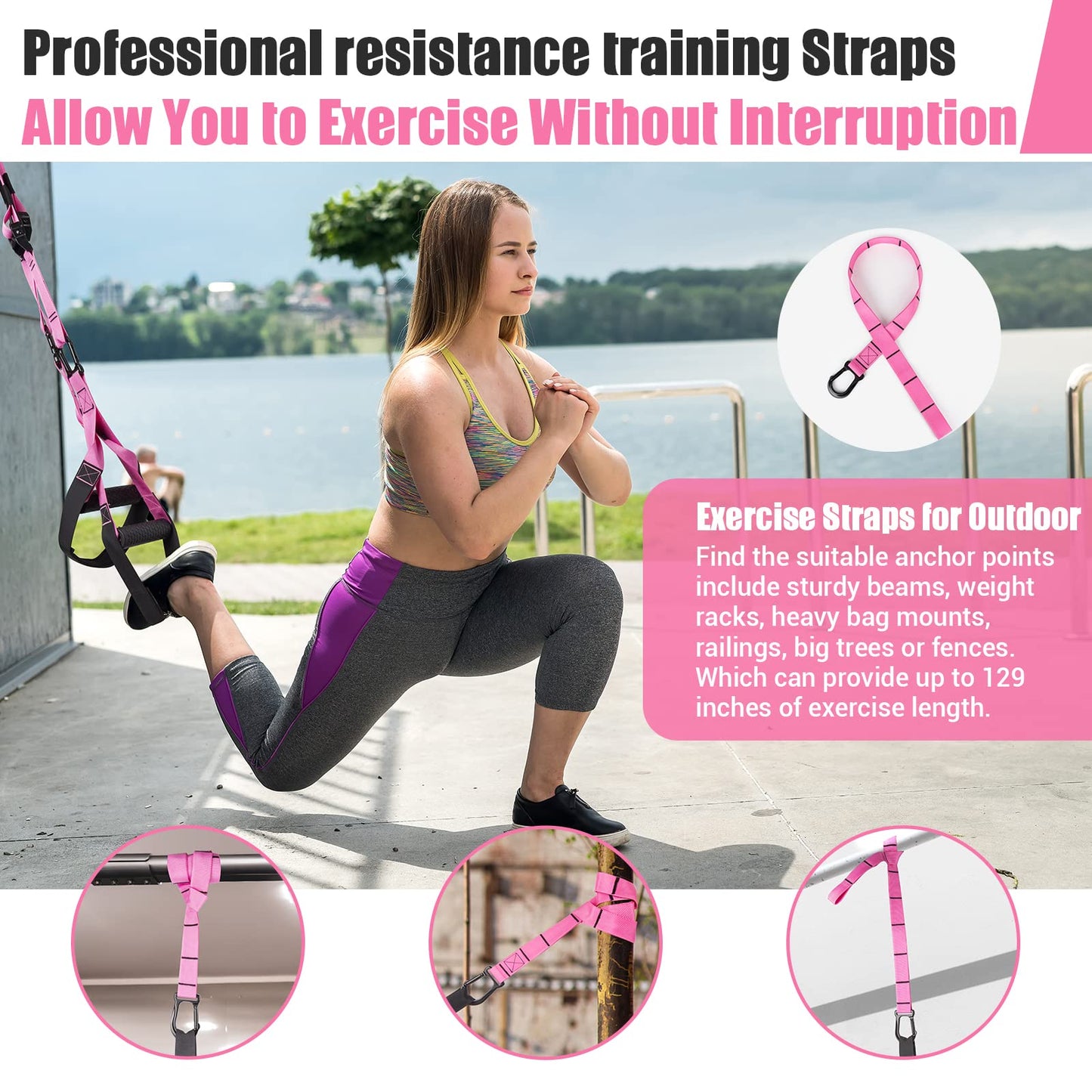 Home Resistance Training Kit, Resistance Trainer Exercise Straps with Handles, Door Anchor and Carrying Bag for Home Gym, Bodyweight Resistance Workout Straps for Indoor & Outdoor (Pink)