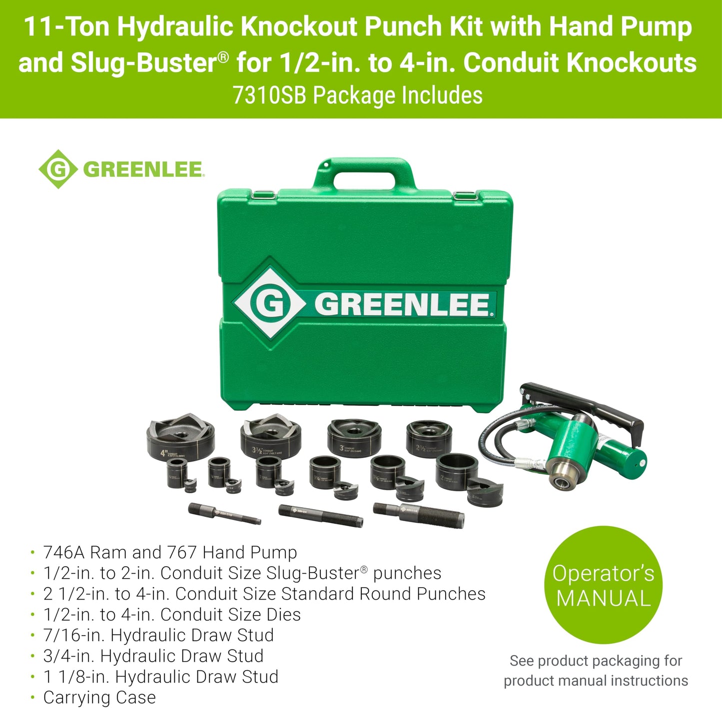 Greenlee 7310SB 11-Ton Hydraulic Knockout Punch Kit with Hand Pump, Ram, 1/2" to 4" Slug-Buster Punches, Dies, and Hydraulic Draw Studs, Electrical Conduit Hole Cutter Kit
