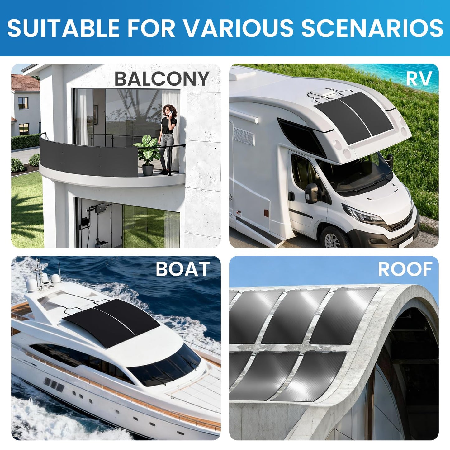 IBC All-Black 200W 12V Flexible Solar Panel, Premium 26% High-Efficiency Monocrystalline Cell, Grid-Free 245° Ultra Lightweight Waterproof Semi-Flexible Solar Board for RV, Marine, Boat, Van, Camping