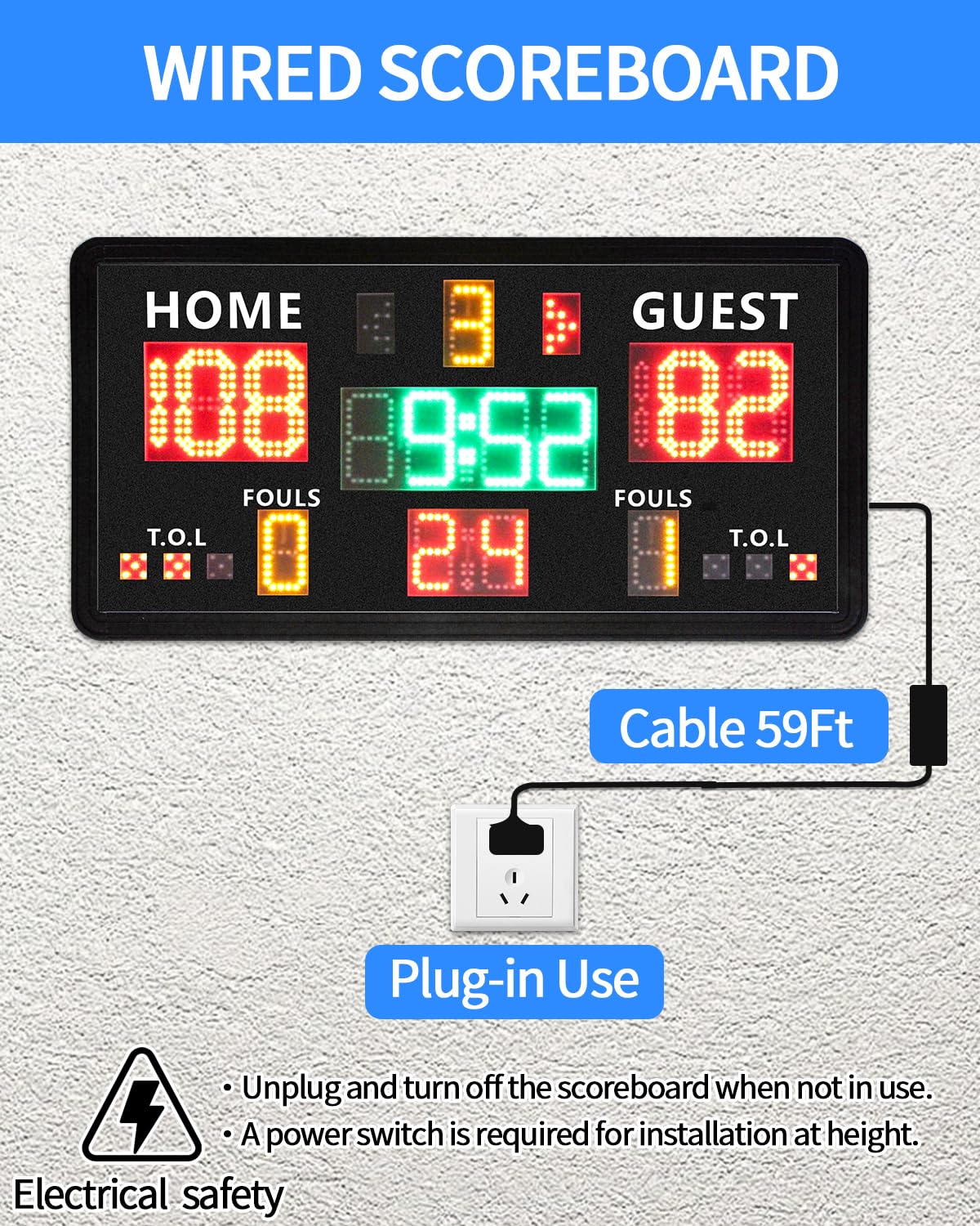 GAN XIN Large Electronic Scoreboard with Panel Control,Wall-Mounted Digital Scoreboard & Timer,Basketball Shot Clock 14/24 Second & Custom Time,Score Keeper with LED Display, 110dB Loud Buzzer