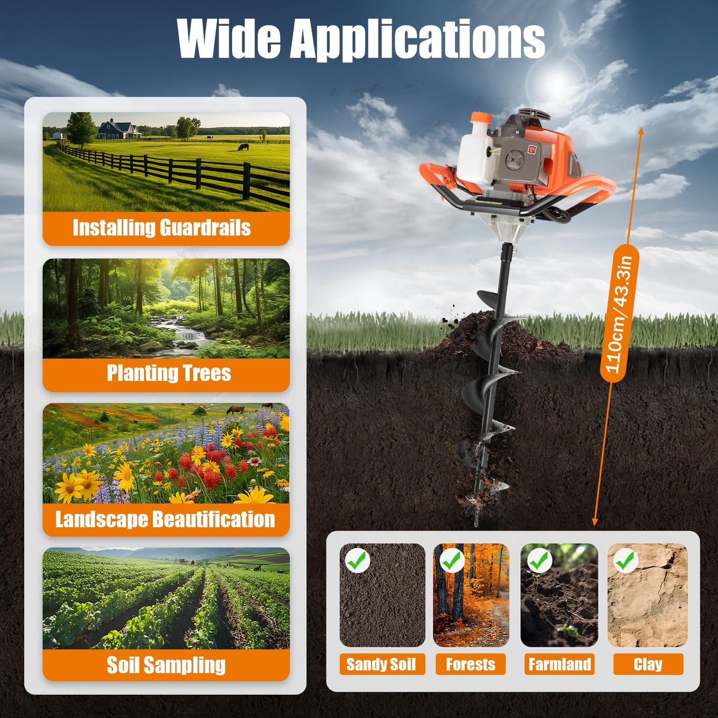 ARPITUYN Post Hole Digger, 71CC 2 Stroke Post Hole Digging Machine with 3 Drill Bits and Extension Rod, Gas Powered Auger Post Hole Digger for Farmland, Garden, Planting
