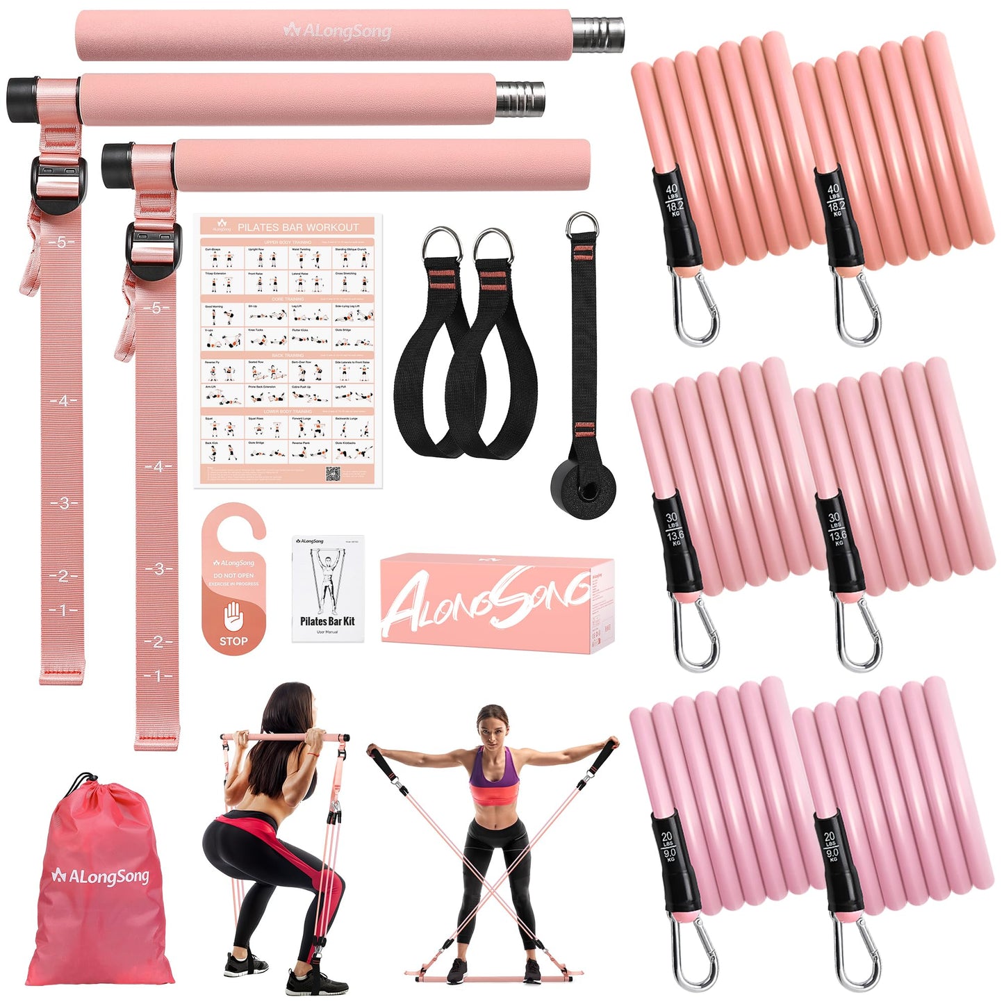 ALongSong Upgraded Pilates Bar Kit with Resistance Bands Natural Latex, Heavy-Duty Stainless Steel Multifunctional Yoga Pilates Stick for Home Gym Exercise Fitness Equipment Full-Body Workouts
