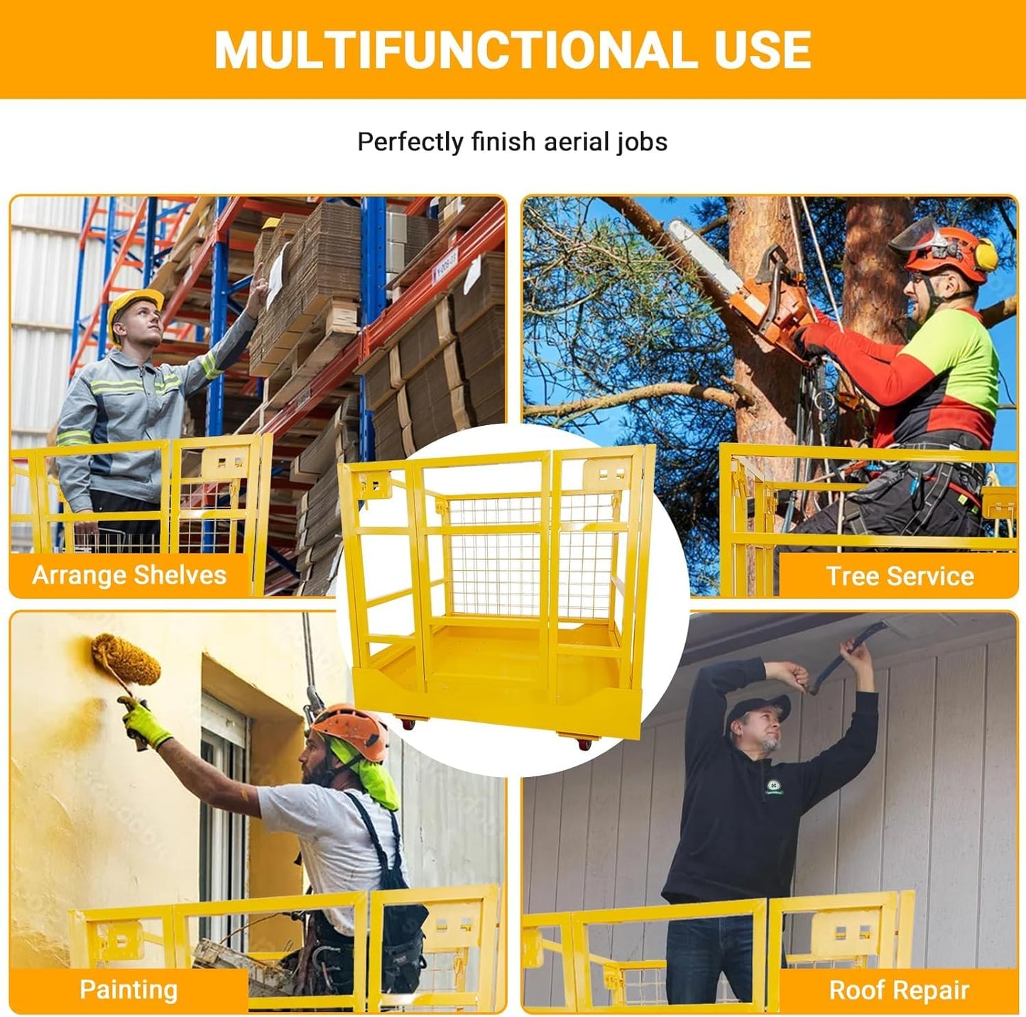 43"x45" Forklift Platform Safety Cage,Work Platform for Loader,Man Basket for Forklift,1800lbs Capacity with Safety Harness & Lock,2-Man Collapsible Lift Basket for Lifting Loader (Yellow W/Wheels)