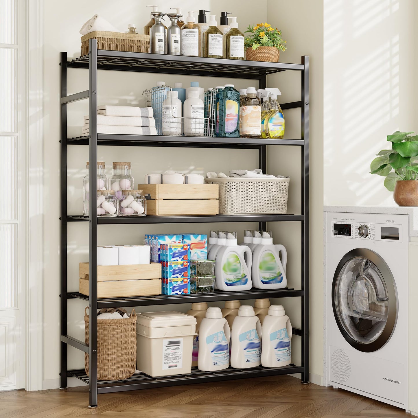 Tujurich 36.4" W Storage Shelves, 5-Tier Metal Shelving Unit with Adjustable Feet, Shelf Organizer for Garage, Kitchen, Pantry and Closet Organization, 36.4" x 11.8" x 68.3", Black
