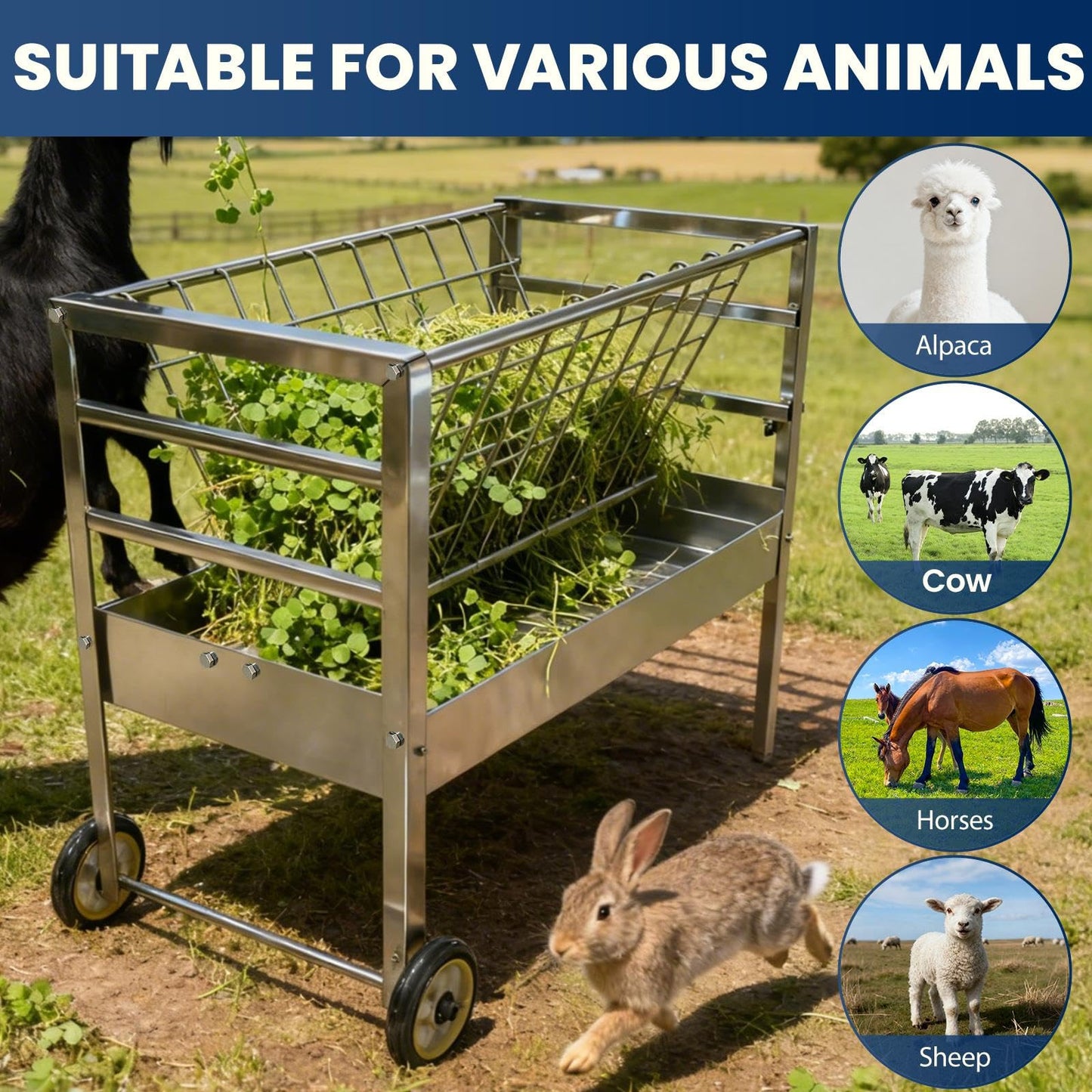 Goat Hay Feeder with Wheels, Goat Feeder 2‑in‑1 Galvanized Steel Heavy‑Duty Design, Large Capacity Rust‑Proof Livestock Feeder, Easy to Clean Mobile Cart for Goats, Sheep, Horses & Ponies