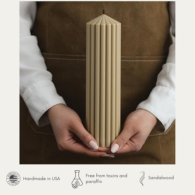 LAWA Ribbed Peak Pillar Candle - Large Beautiful Handmade Pillar Scented Soy Wax Candle Elegant Bubble Aesthetic Candle Housewarming Gift Home Room Shelf Decor Idea Olive Beige (Large)