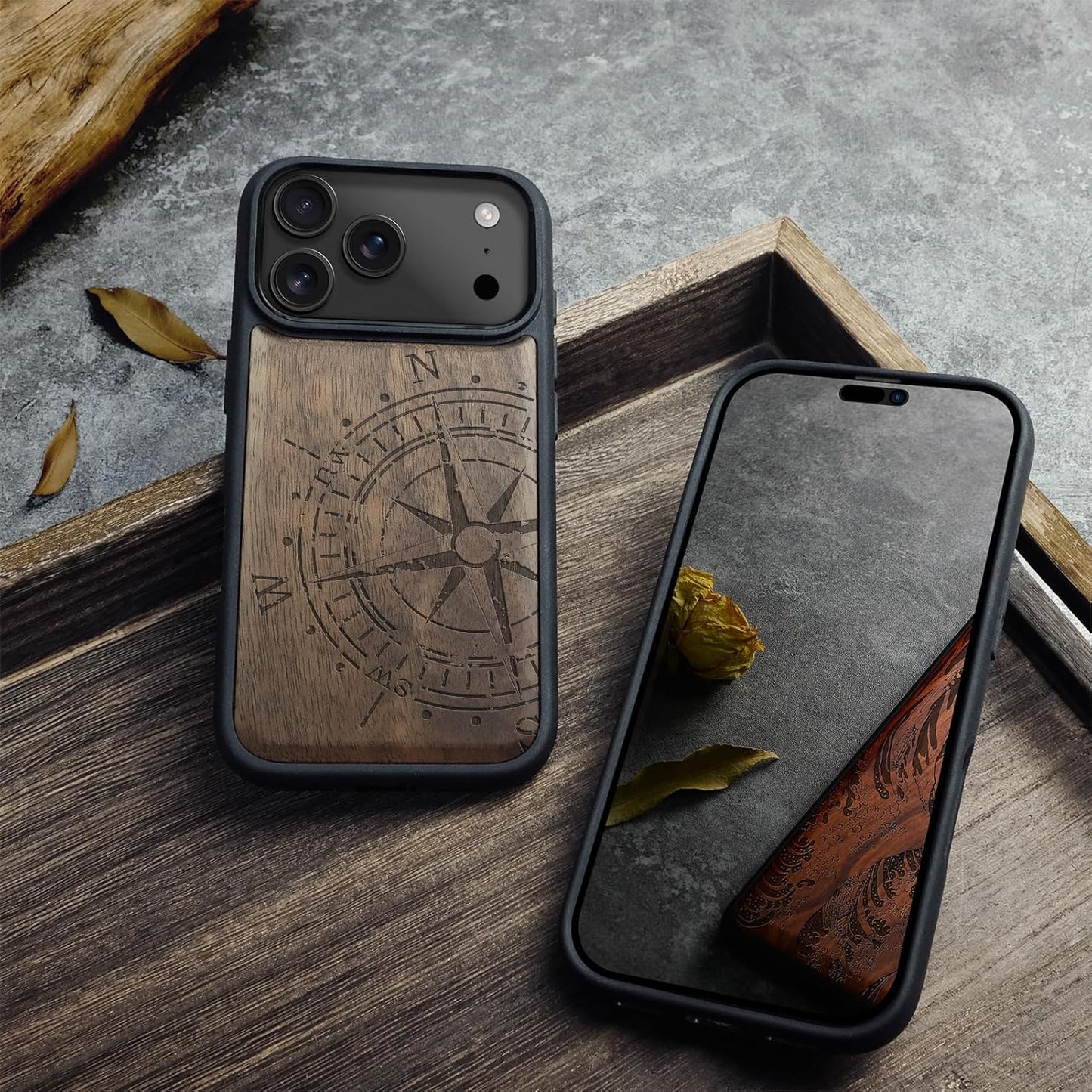 Carveit 17 Magnetic Wooden Case for iPhone Pro Max Case, Wood Artisan Engraved & Black Soft TPU Shockproof Cover