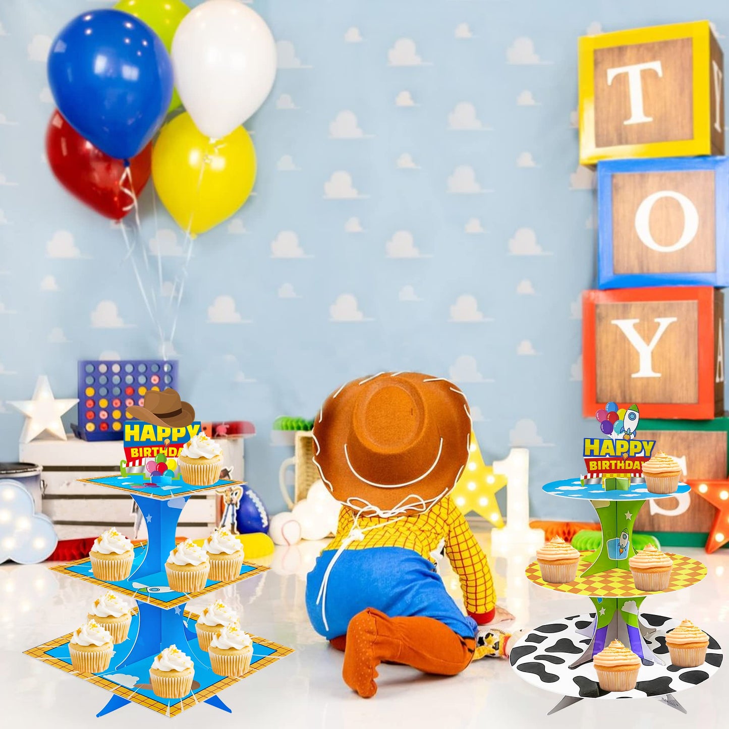 Nabenkalu 3-Tier Cartoon Story cupcake stand 2 Sets Cardboard Cake Stand Dessert Tower Holder for toy theme Birthday Decoration Baby Shower Party Supplies