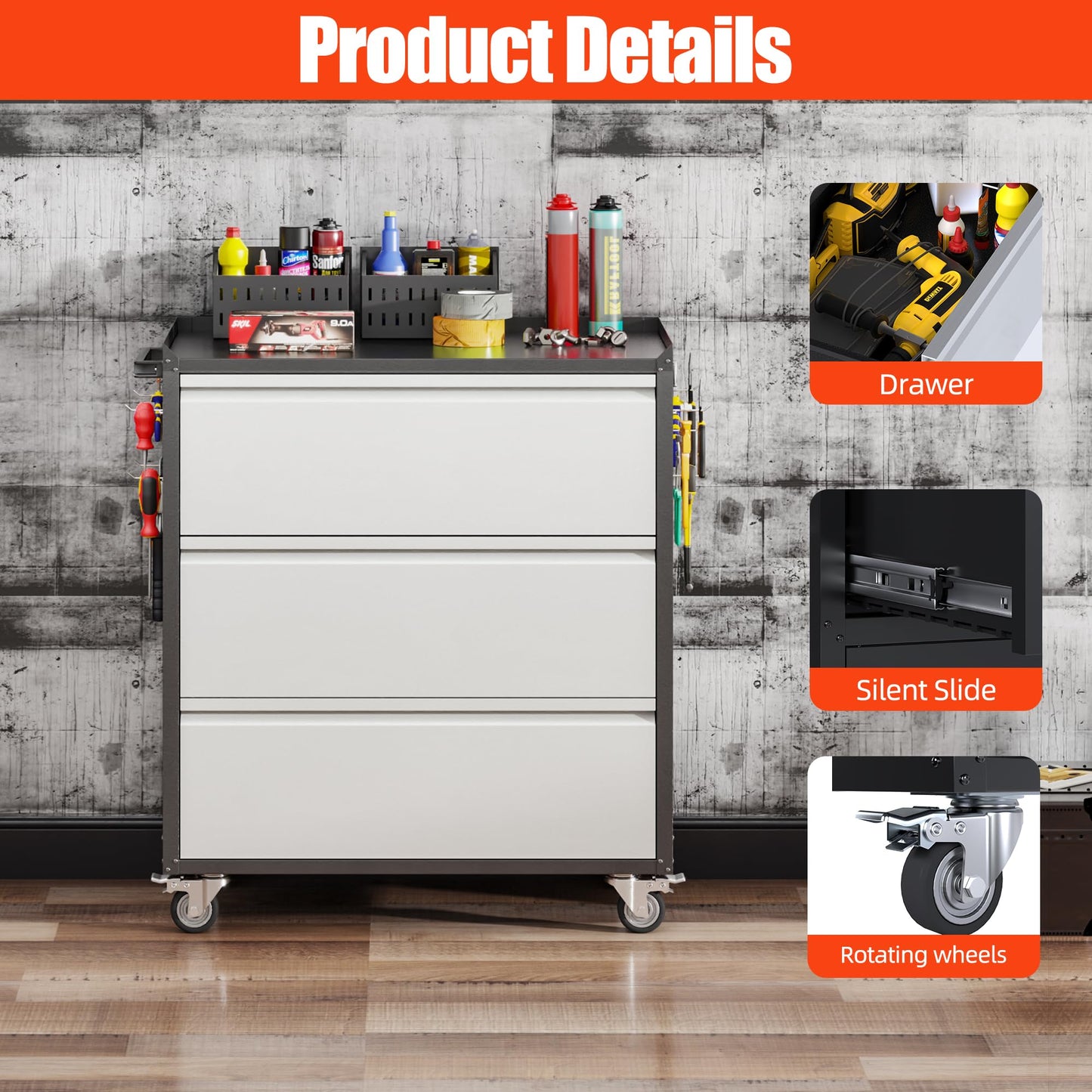 Aobabo Metal Garage Storage Cabinet with Wheels, 3-Drawer Rolling Tool Chest with Lockable Casters and Pegboards for Workshop Office, 35.43" H x 30.31" W x 18.11" D, Assembly Required, Black/Gray
