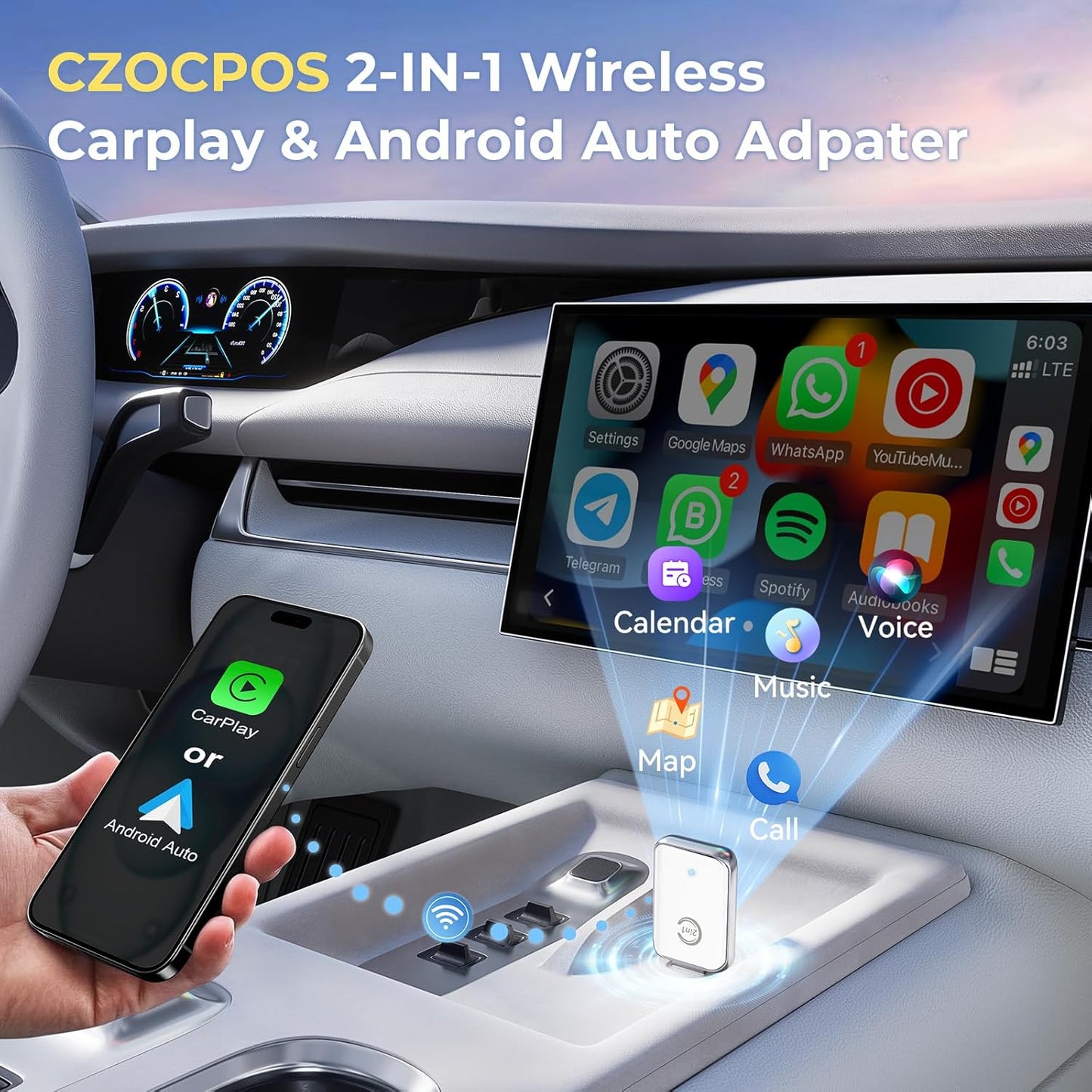 CZOCPOS 2 1 10 11 Wireless Carplay Adapter for iPhone, Convert Wired Car Play to Wireless, in Plug and Play Mini