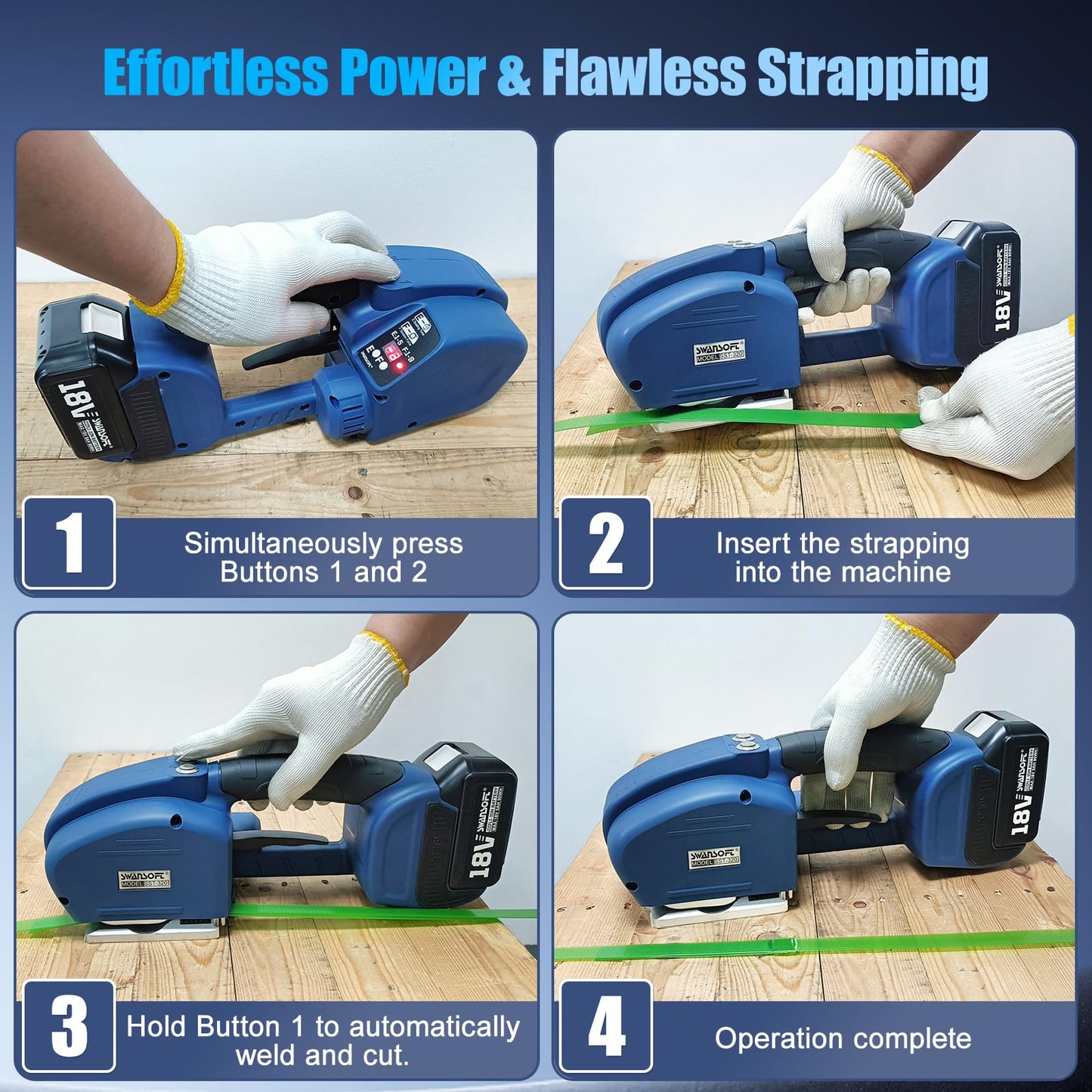 SWANSOFT Electric Strapping Tool, Fully Automatic 18V 2x5Ah Battery Powered Strapping Machine for 0.55" - 0.63" PP/PET Straps Electric Banding Tool