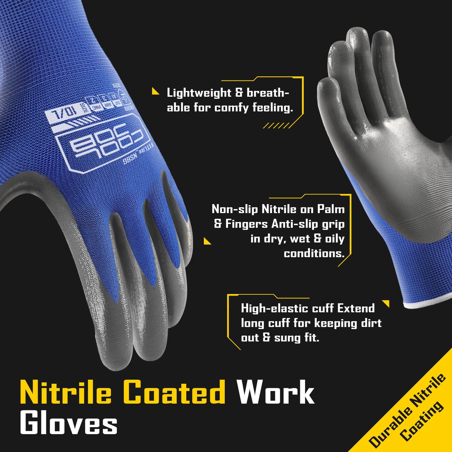 COOLJOB 120 Pairs Safety Work Gloves for Men Women Non-slip, Nitrile Rubber Coated Working Garden Yard Gloves Bulk with Grip, Palm Dipped Oil Resistant and Hand-friendly MultiPack (Blue Gray, X-Large)