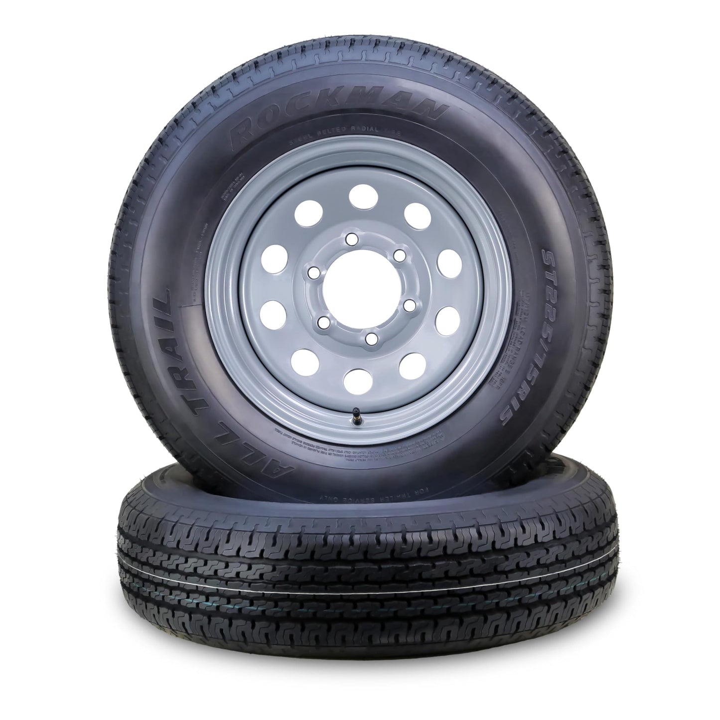 ROCKMAN Trailer Tire Wheel Assembly ST225/75R15 10-Ply E 117M 6 Lug on 5.5" PCD Silver Mod Rim,SET 2