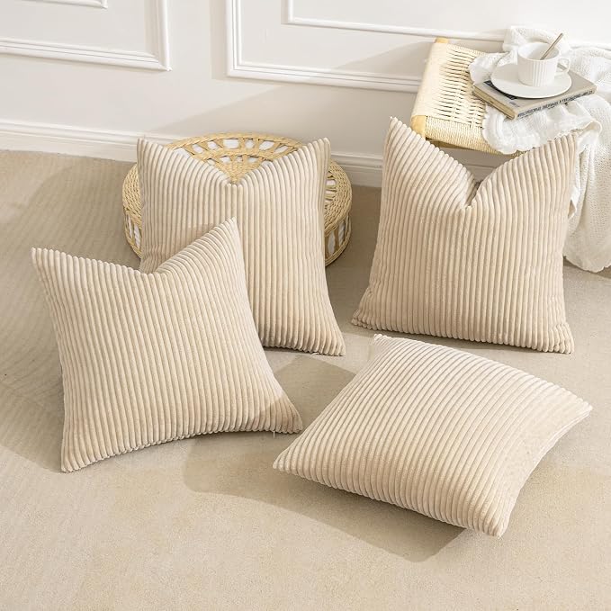 MIULEE Boho Farmhouse Throw Pillow Covers 20x20 Inch Set of 4 Mordern Nordic Cushion Covers Soft Corduroy Spring Home Decor for Couch Bed Sofa Living Room Beige