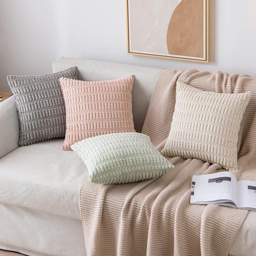 MIULEE Corduroy Decorative Throw Pillow Covers - Soft Chenille, 18x18 Inch, Cream & Beige (Set of 2)