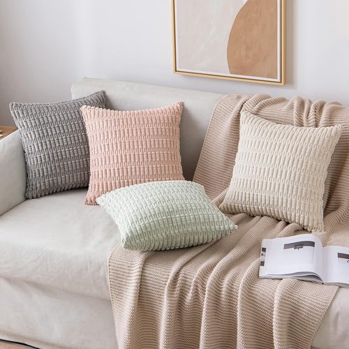 MIULEE Corduroy Throw Pillow Covers - Soft Boho Striped Design, 12x12 Inch | Modern Farmhouse Decor in Cream White