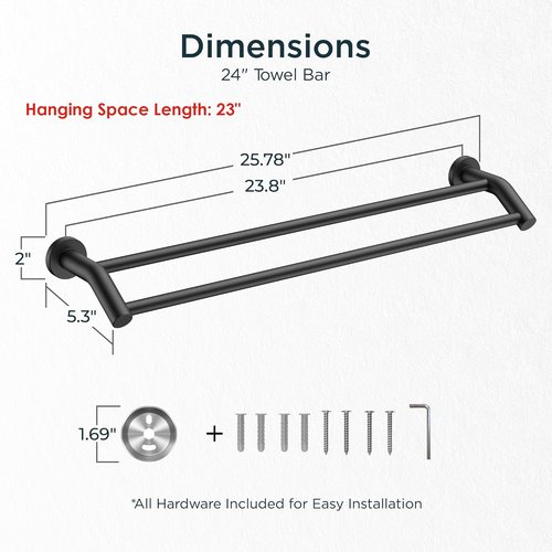 FORIOUS 24-Inch Double Towel Bar - Heavy Duty SUS304 Stainless Steel | Space-Saving Matte Black Design