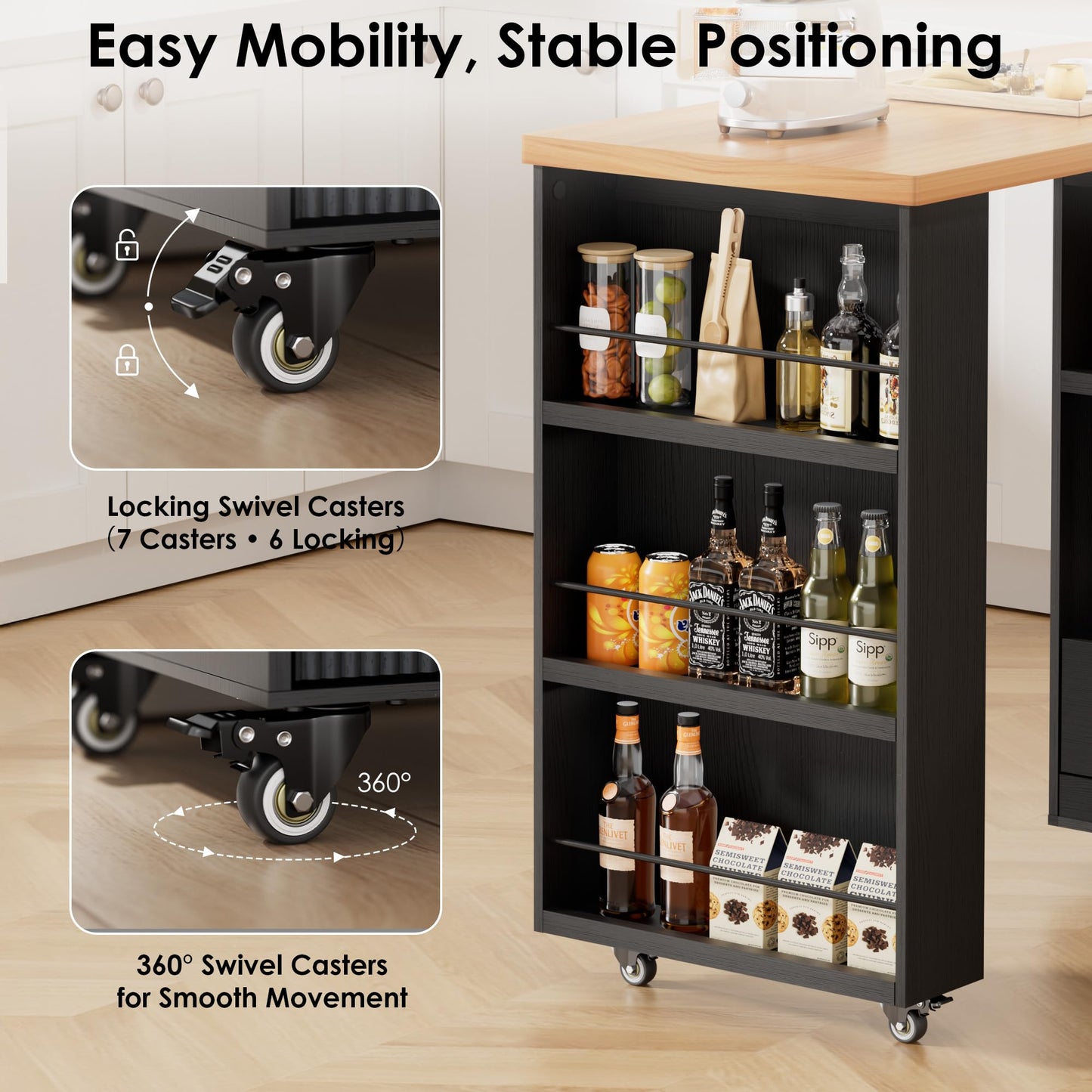 66'' Rolling Kitchen Island with 360° Swivel Tabletop Mobile Kitchen Island with Power Outlet Rotating Kitchen Islands with Storage Cabinets Wood Kitchen Island Table for Kitchen, Bar, Dining Room