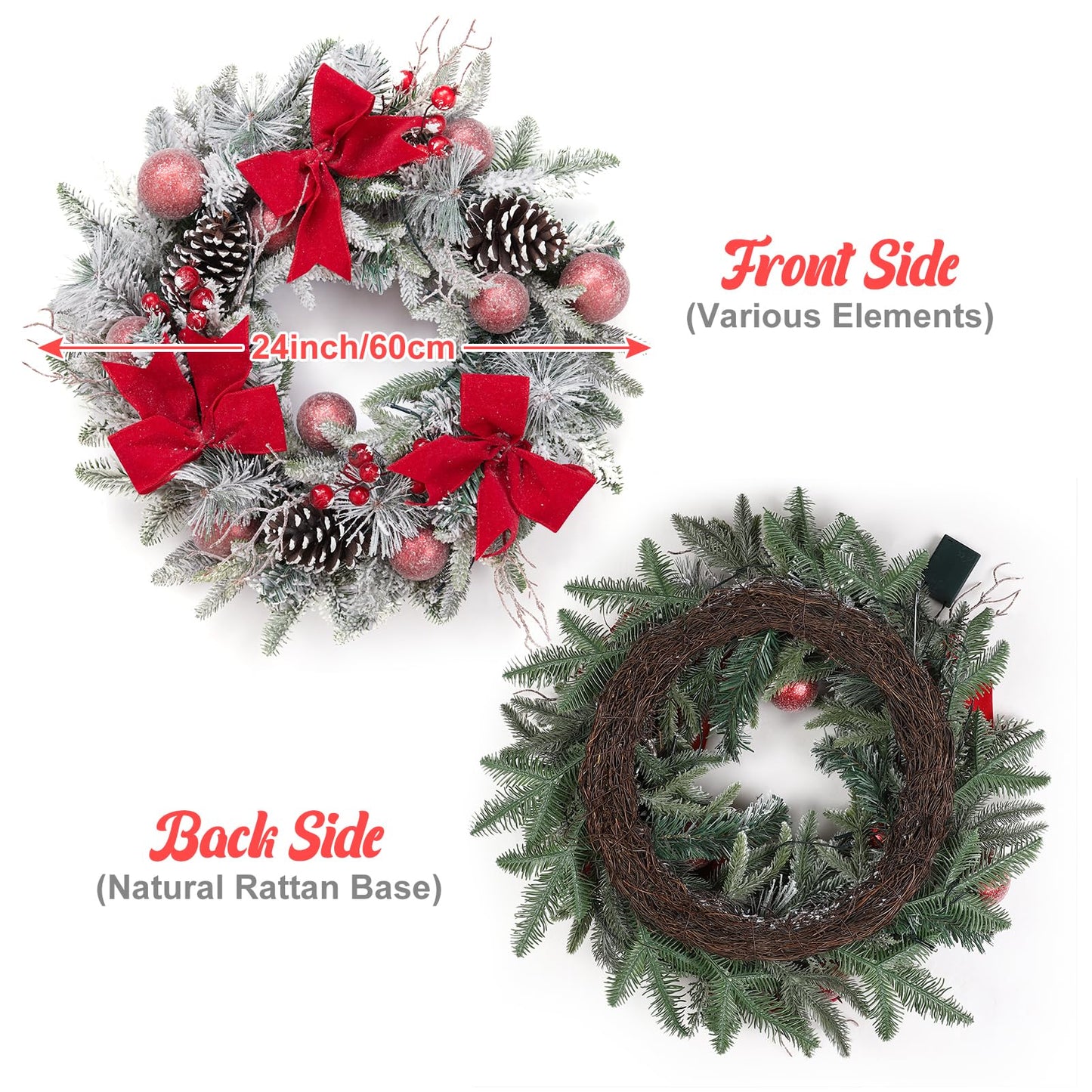 24" Prelit Christmas Wreath with Lights, Battery Operated Xmas Garland with Decorations, Wreath for Front Door Porch Wall Window Fireplace Outdoor Home Holiday Accent