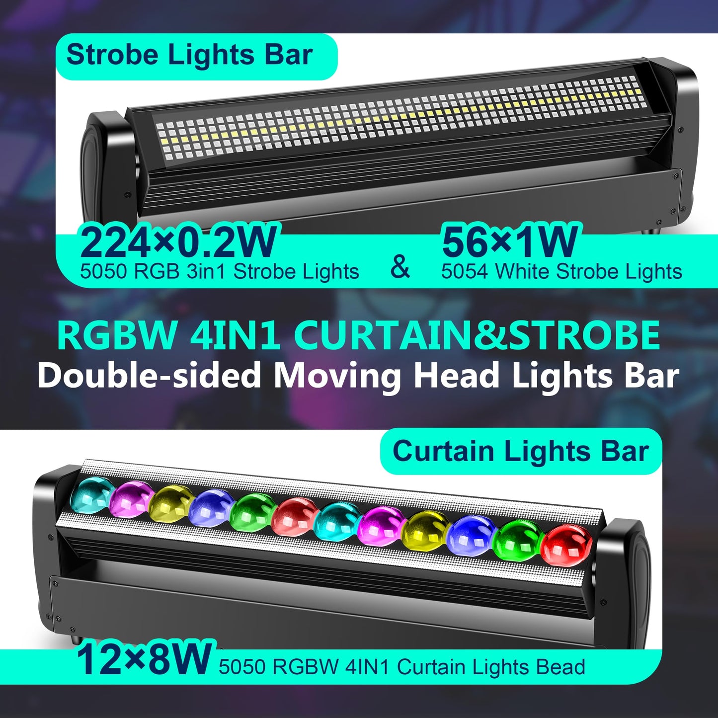 ENDYSHOW Moving Head DJ Light Bar,250W 4IN1 RGBW Wash&Strobe Light Bar 360° Double-Sided Moving Head Stage Lights with DMX512/Sound/RDM Professional DJ Uplights for Party Wedding Band Gig Disco 1Pack