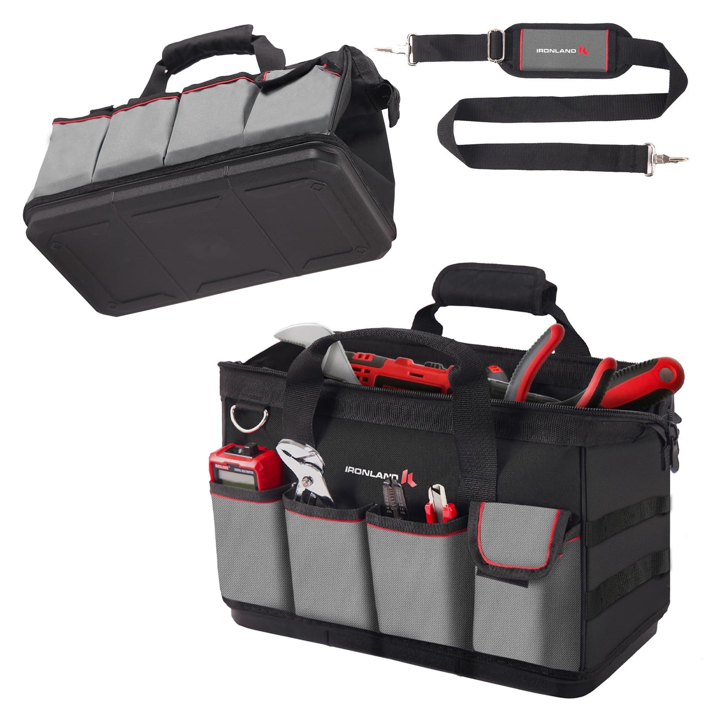 IRONLAND 16.5 Inch Hard & Sturdy Bottom Tool Bag Organizer for Men, Waterproof Heavy Duty Tool Bag with Handle & Large Zipper, Ideal for Mechanics Electrician Handyman Hvac, Great Gift for Dad