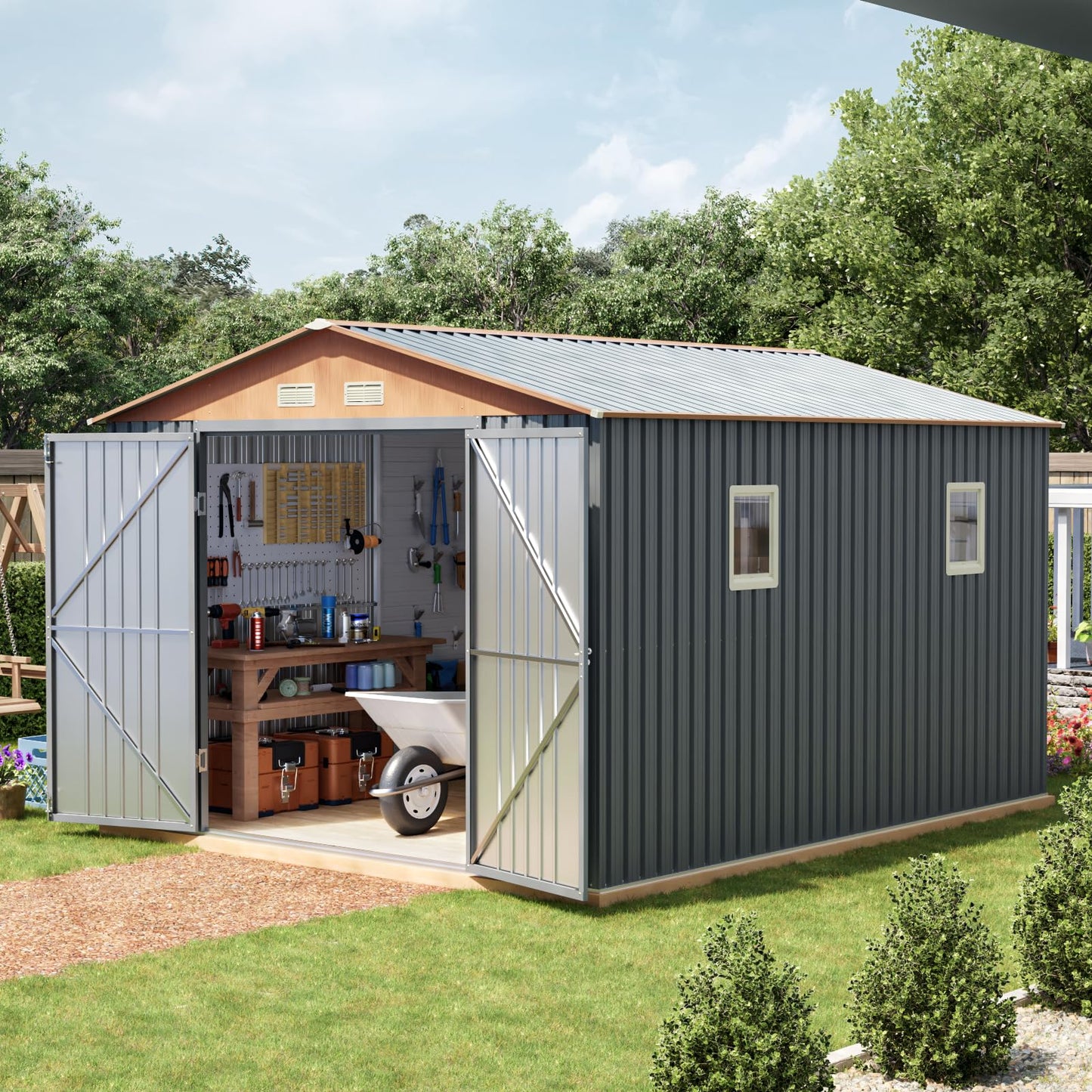 10x12x7.4FT Multi-Used Shed & Outdoor Storage Shed with Lockable Doors, Windows and Vents, Extra Large Metal Tool Shed for Garden, Backyard, Patio, Utility, and Various Storage Shed(Matte Gray)