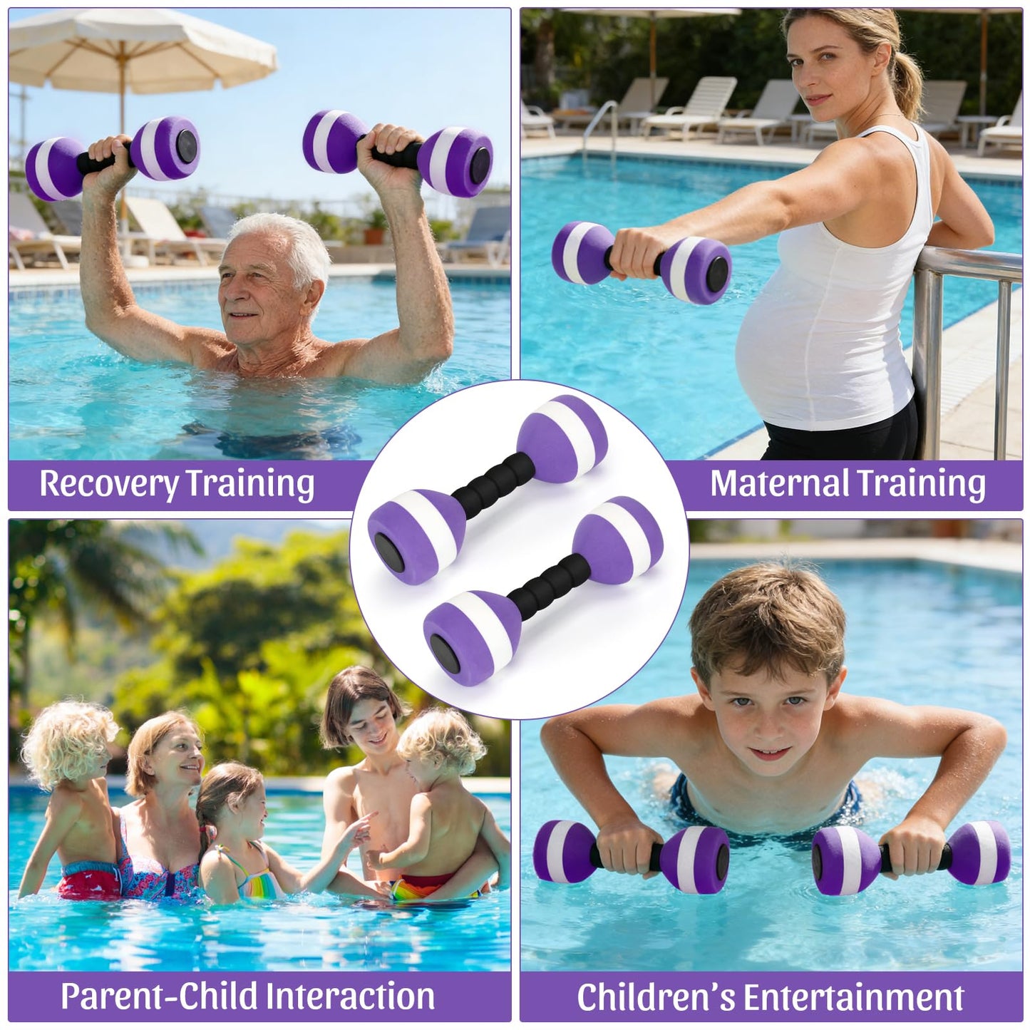 Carperipher Aquatic Dumbells,2Pcs Foam Water Weights Aerobic Exercise Fitness Equipment Dumbbells, Pool Resistance Swimming Training for Men/Women Weight Loss, Beginner Swimming Training (Purple)
