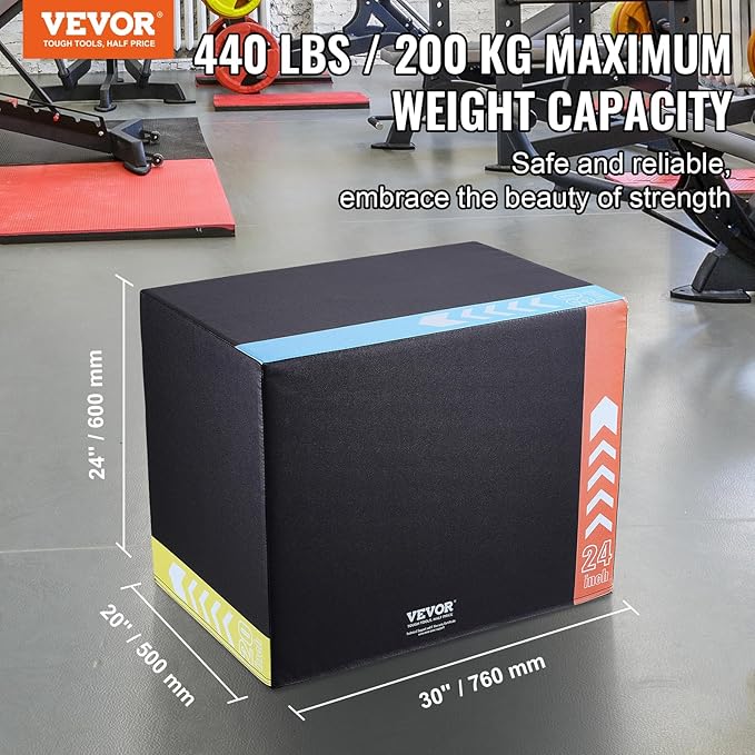 VEVOR 3 in 1 Plyometric Jump Box, Cotton Plyo Box, Platform & Jumping Agility Box, Anti-Slip Fitness Exercise Step Up Box for Home Gym Training, Conditioning Strength Training, Multiple Sizes, Black