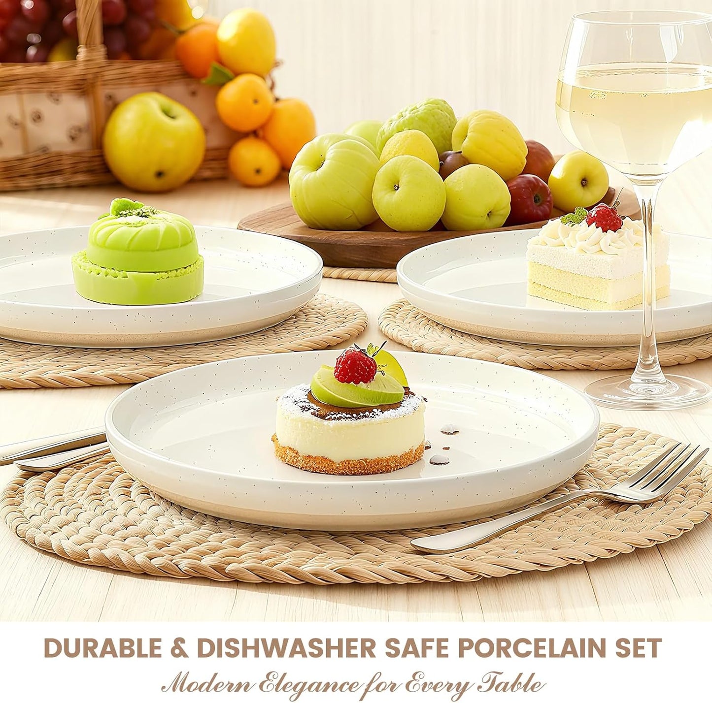 Skiennix Dinnerware Set - 12-Piece Ceramic Plates & Bowls Set for 4 | Scratch Resistant, Microwave & Dishwasher Safe, Cream White