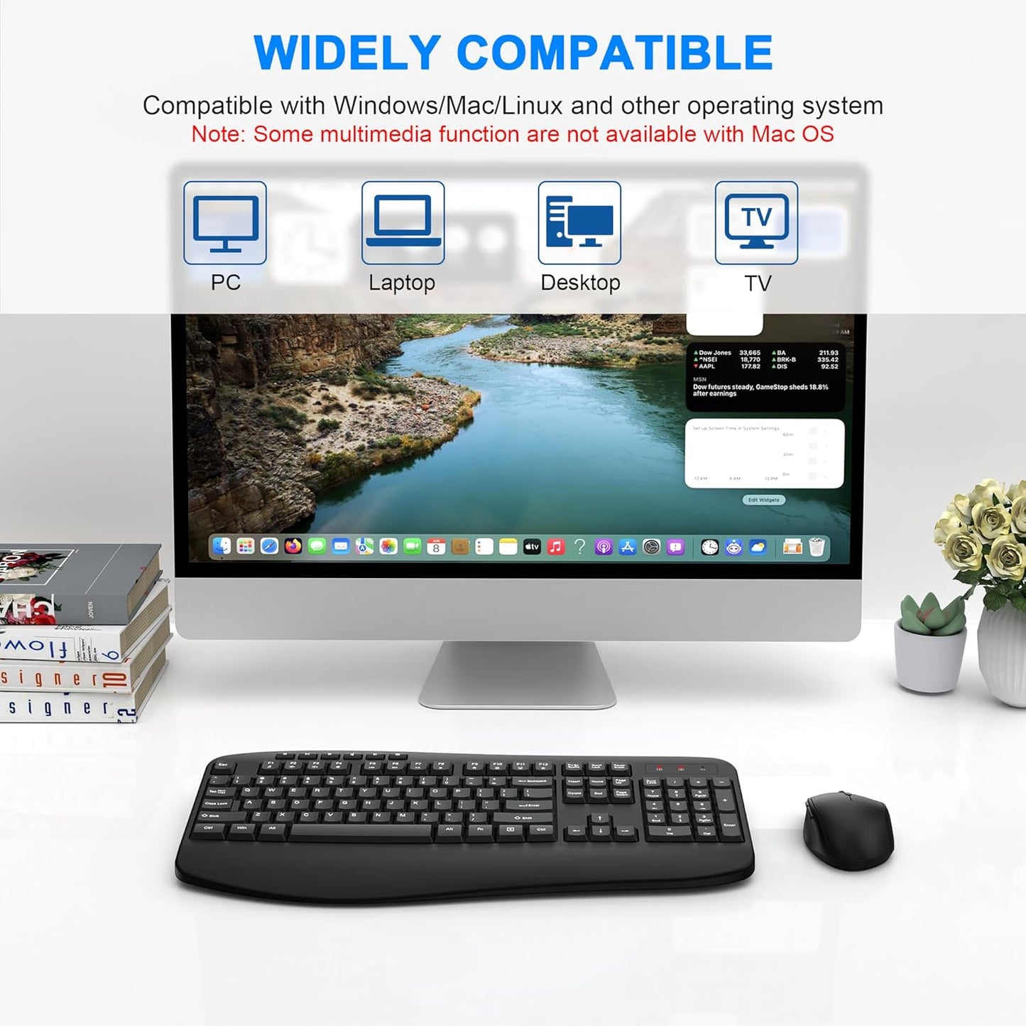 EDJO 2.4G 3 Wireless Keyboard and Mouse Combo, Full Size Ergonomic Keyboard with Palm Rest, Comfortable Natural Typing
